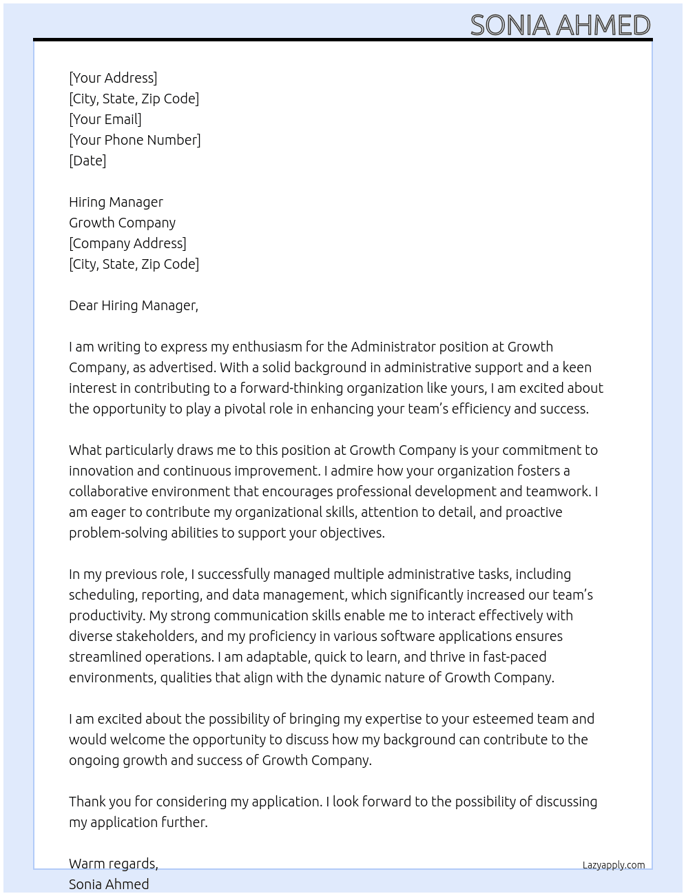 administrator At Growth Company Cover Letter