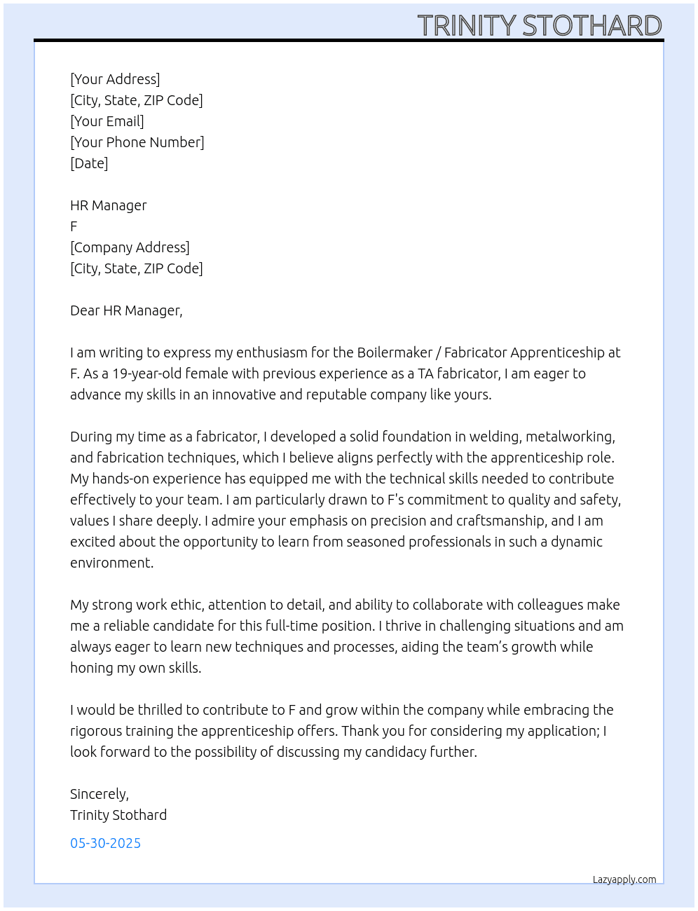 Cover letter for boilermaker / fabricator apprenticeship - LazyApply