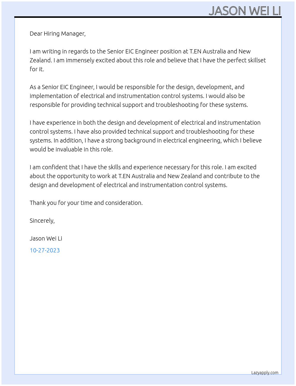 Senior EIC Engineer At T.EN Australia and New Zealand Cover Letter