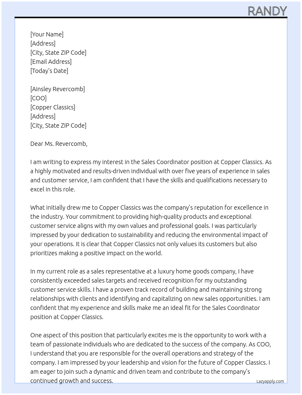 Sales coordinator At Copper Classics Cover Letter