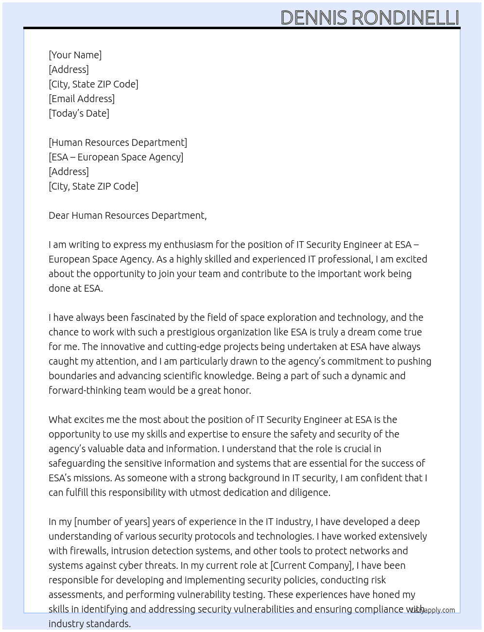 IT Security Engineer At ESA - European Space Agency Cover Letter