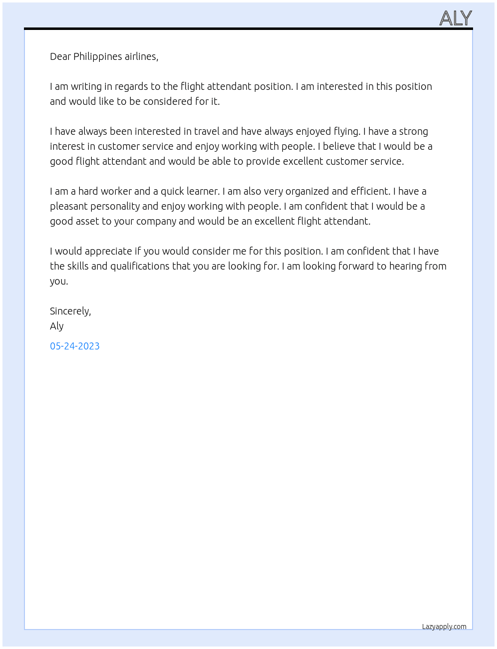 Flight attendant  At Philippines airlines  Cover Letter