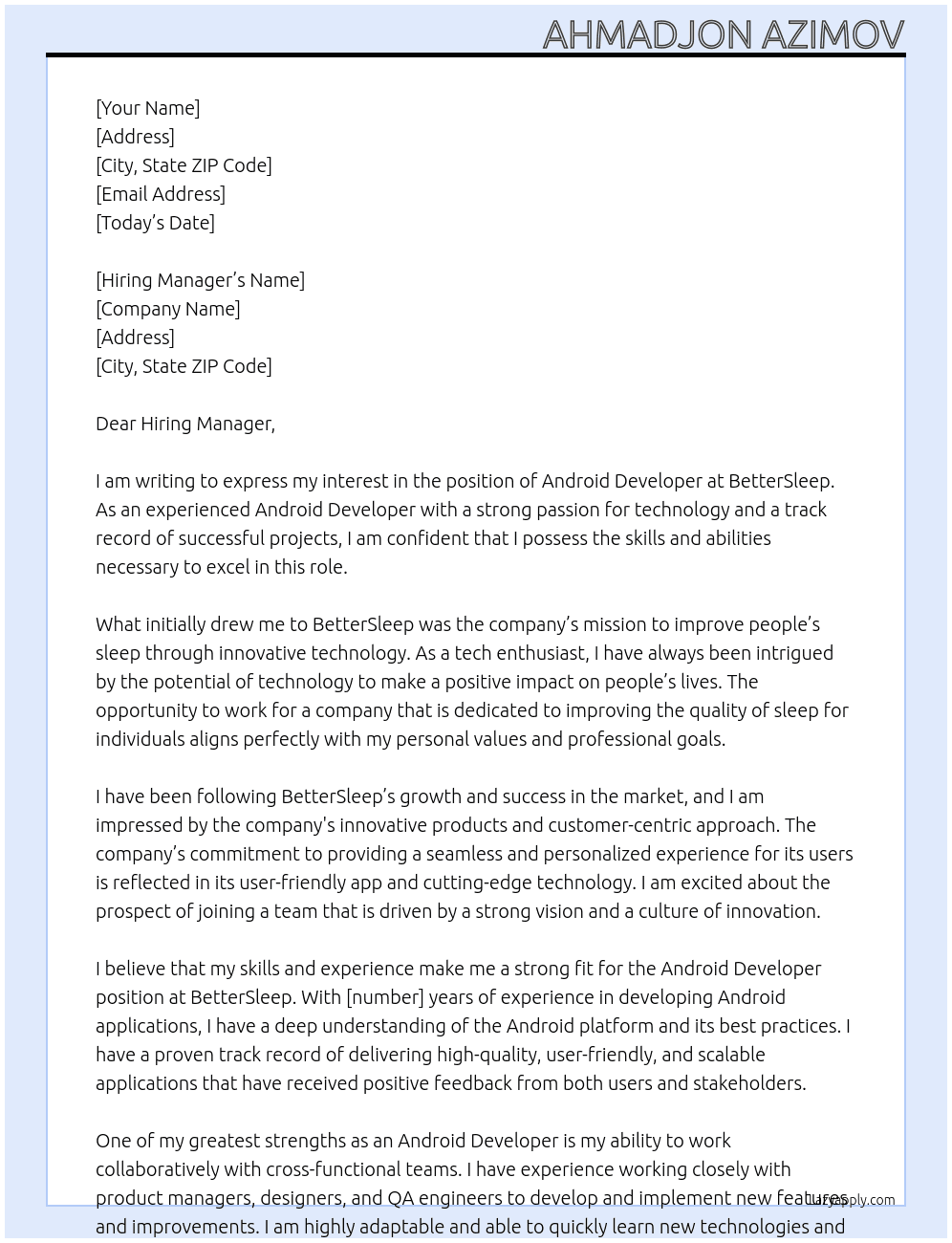 Android Developer At BetterSleep Cover Letter