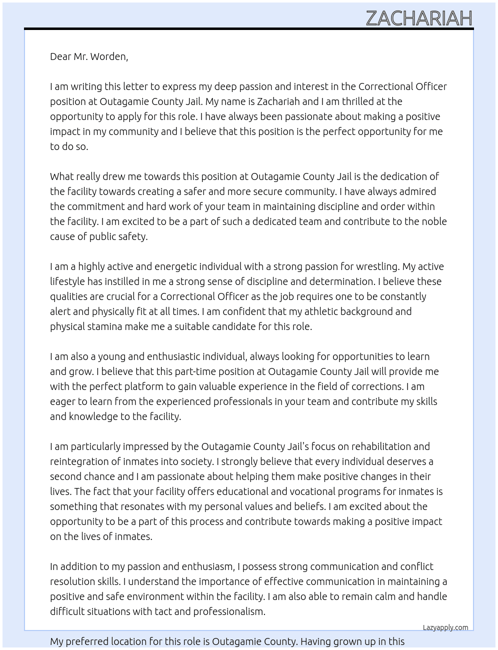 Correctional Officer At Outagamie County Jail Cover Letter