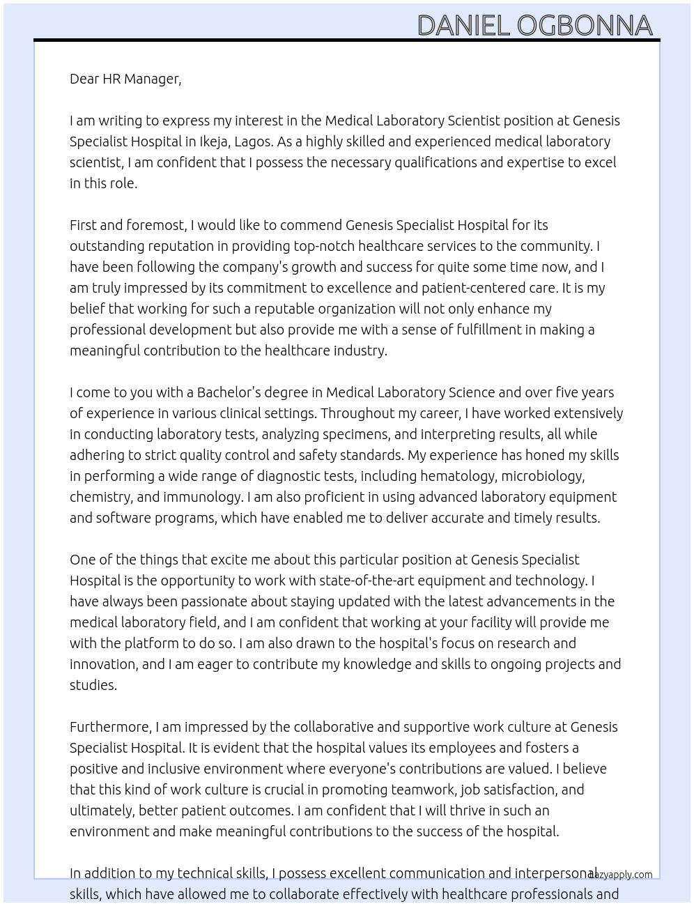 Medical laboratory scientist  At Genesis specialist hospital  Cover Letter