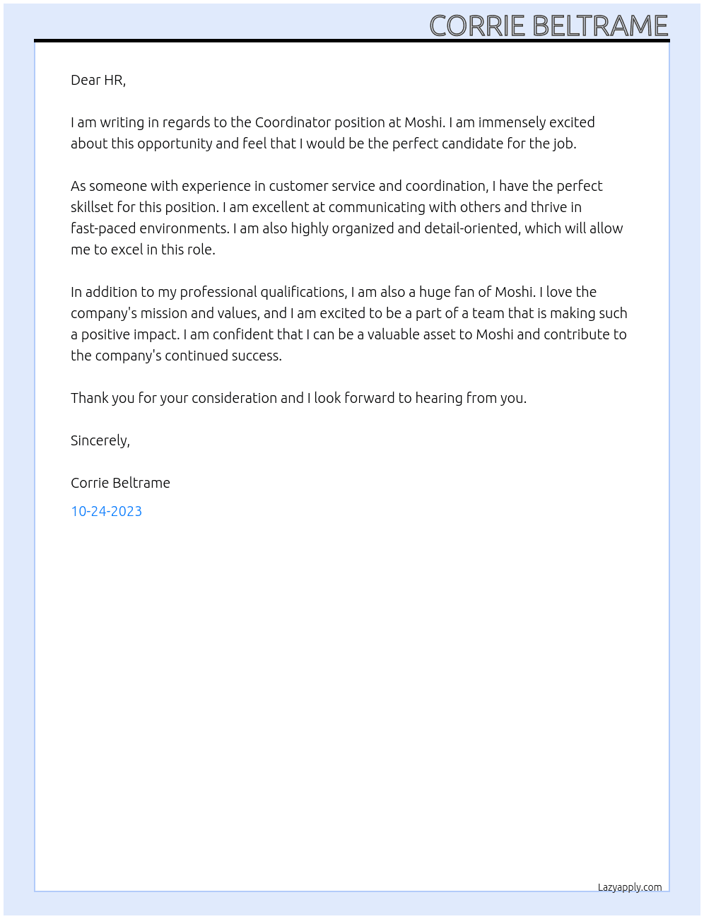 Coordinator At Moshi Cover Letter
