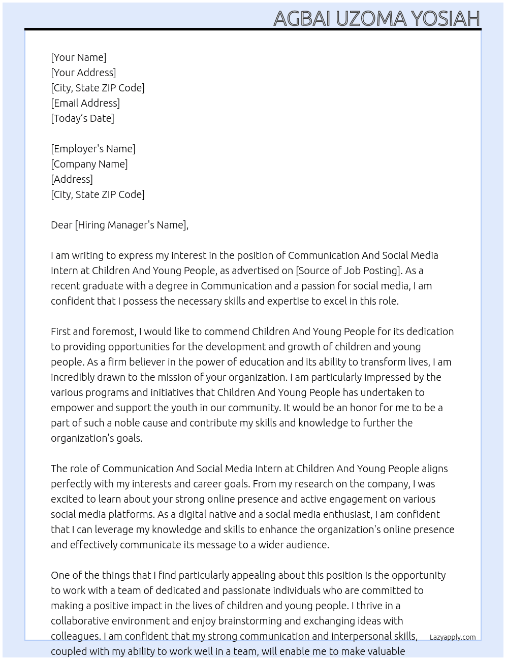 Communication And Social Media Intern At Children And Young People Cover Letter