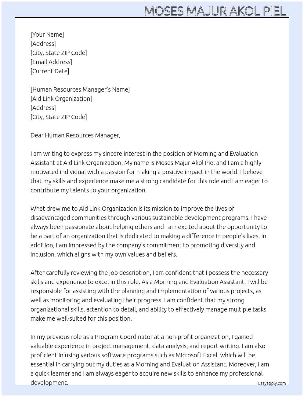 Morning and Evaluation Assistant  At Aid Link Organization  Cover Letter