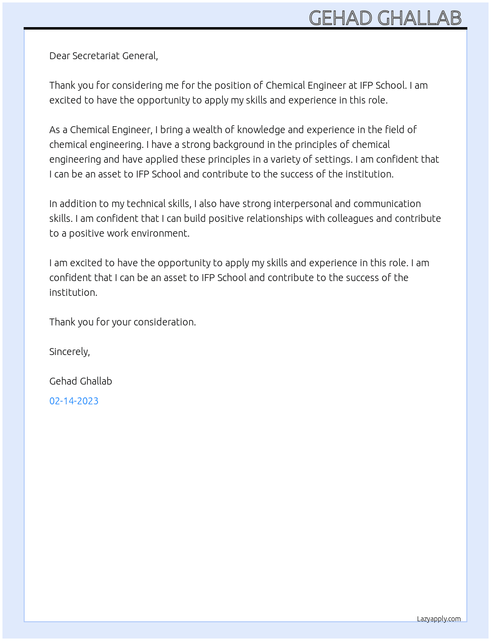 Chemical Engineer At IFP School  Cover Letter