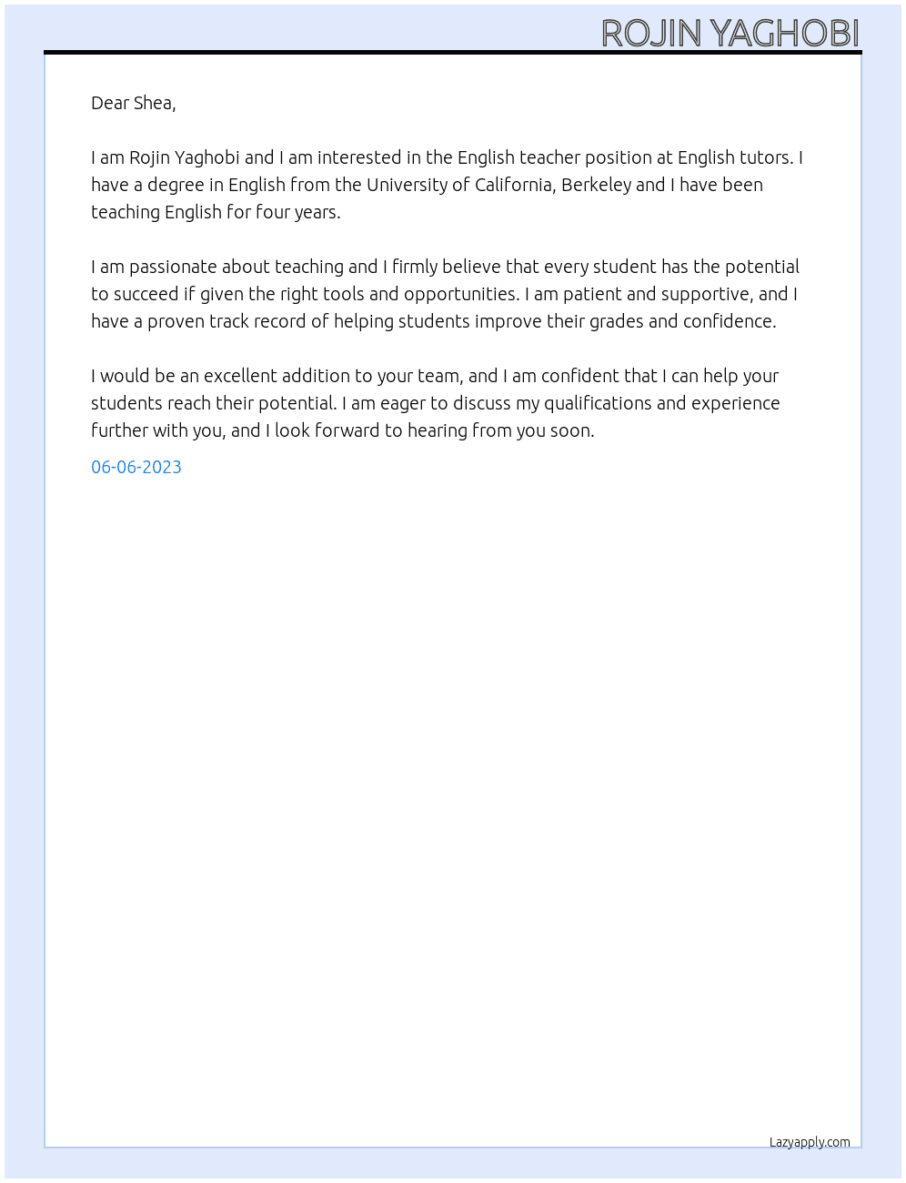 English teacher At English tutors Cover Letter