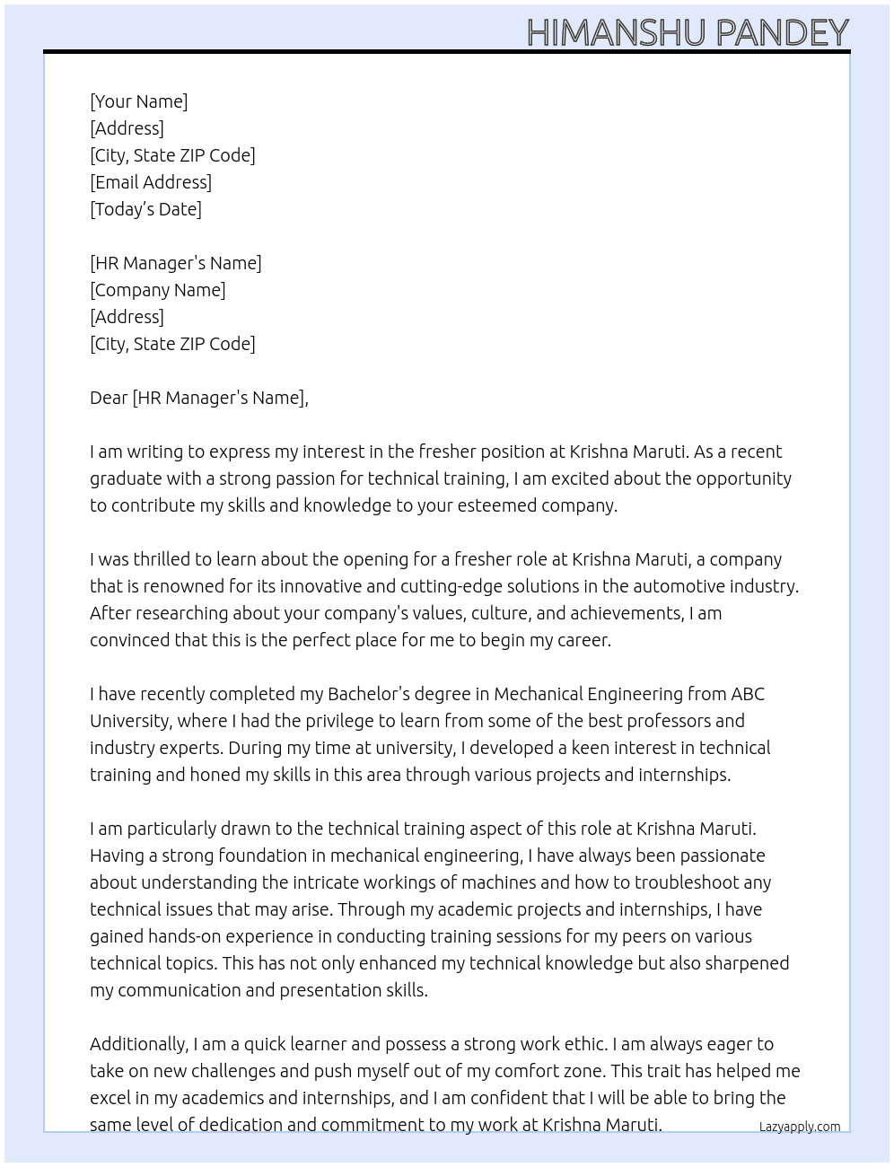 Fresher  At Krishna maruti  Cover Letter