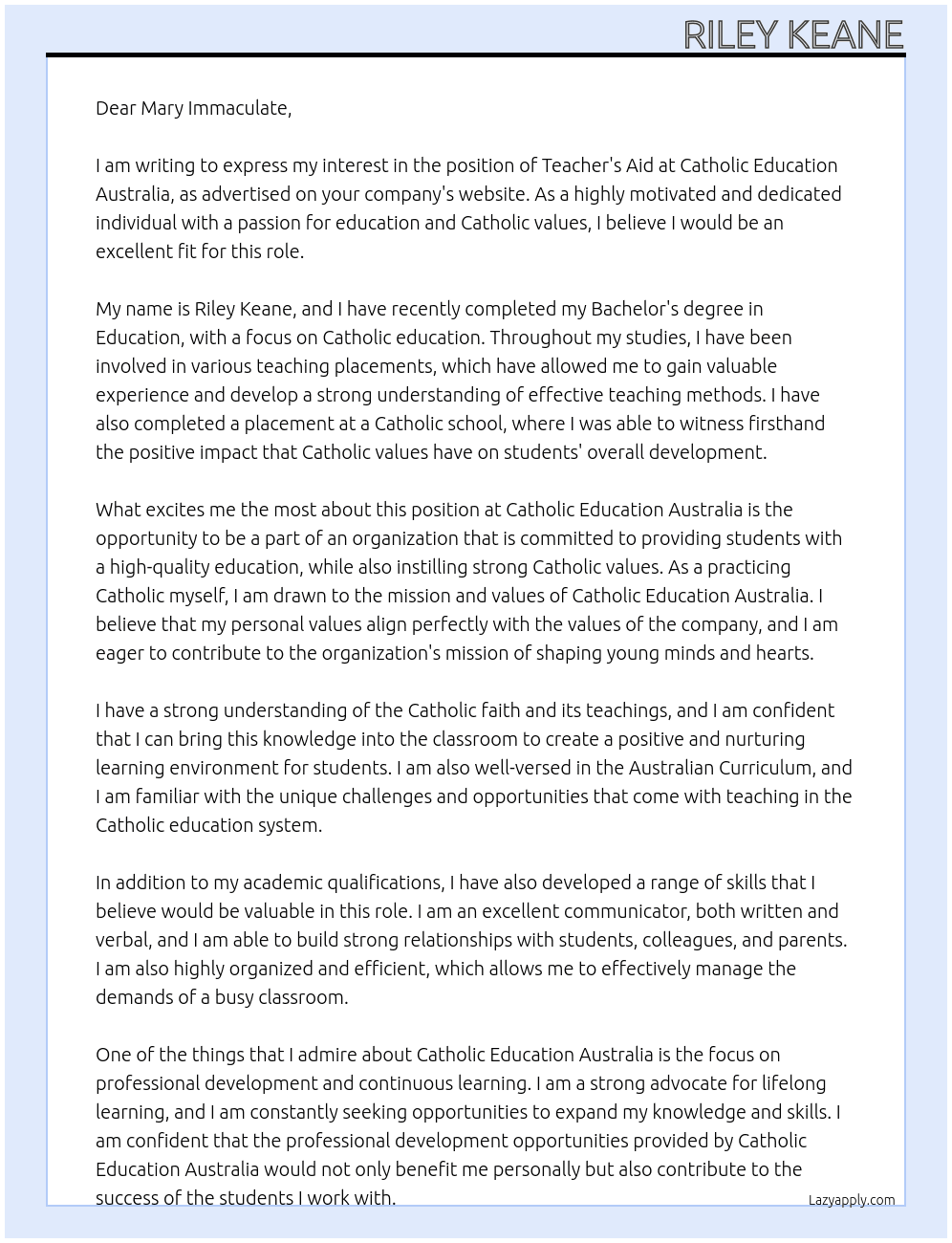Teachers aid in catholic education australia At Mary immaculate Cover Letter
