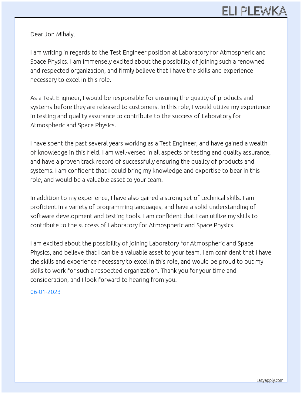 Test Engineer At Laboratory for Atmospheric and Space Physics Cover Letter