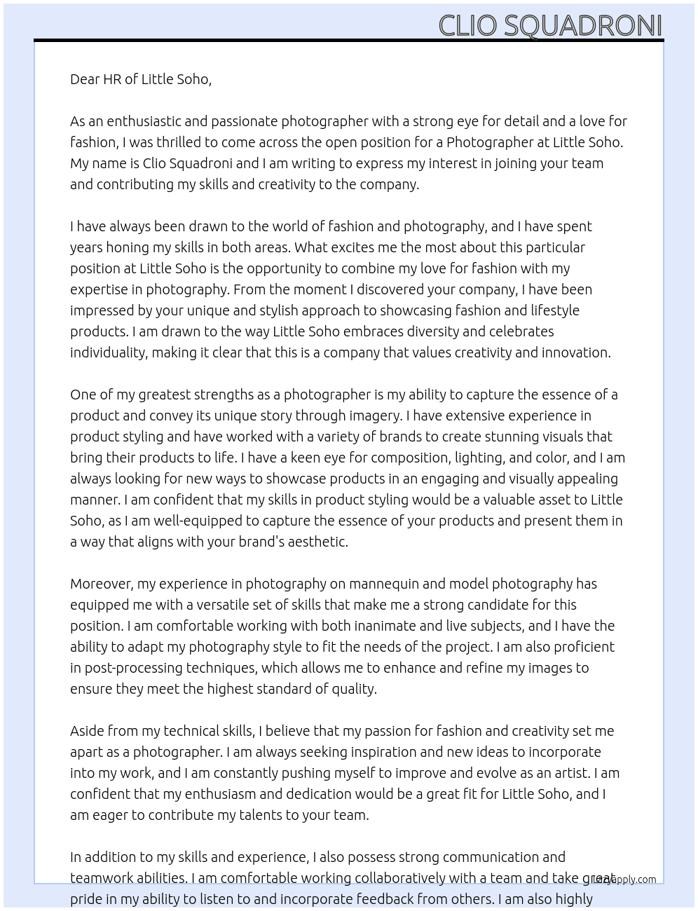 Photographer At  Little Soho Cover Letter
