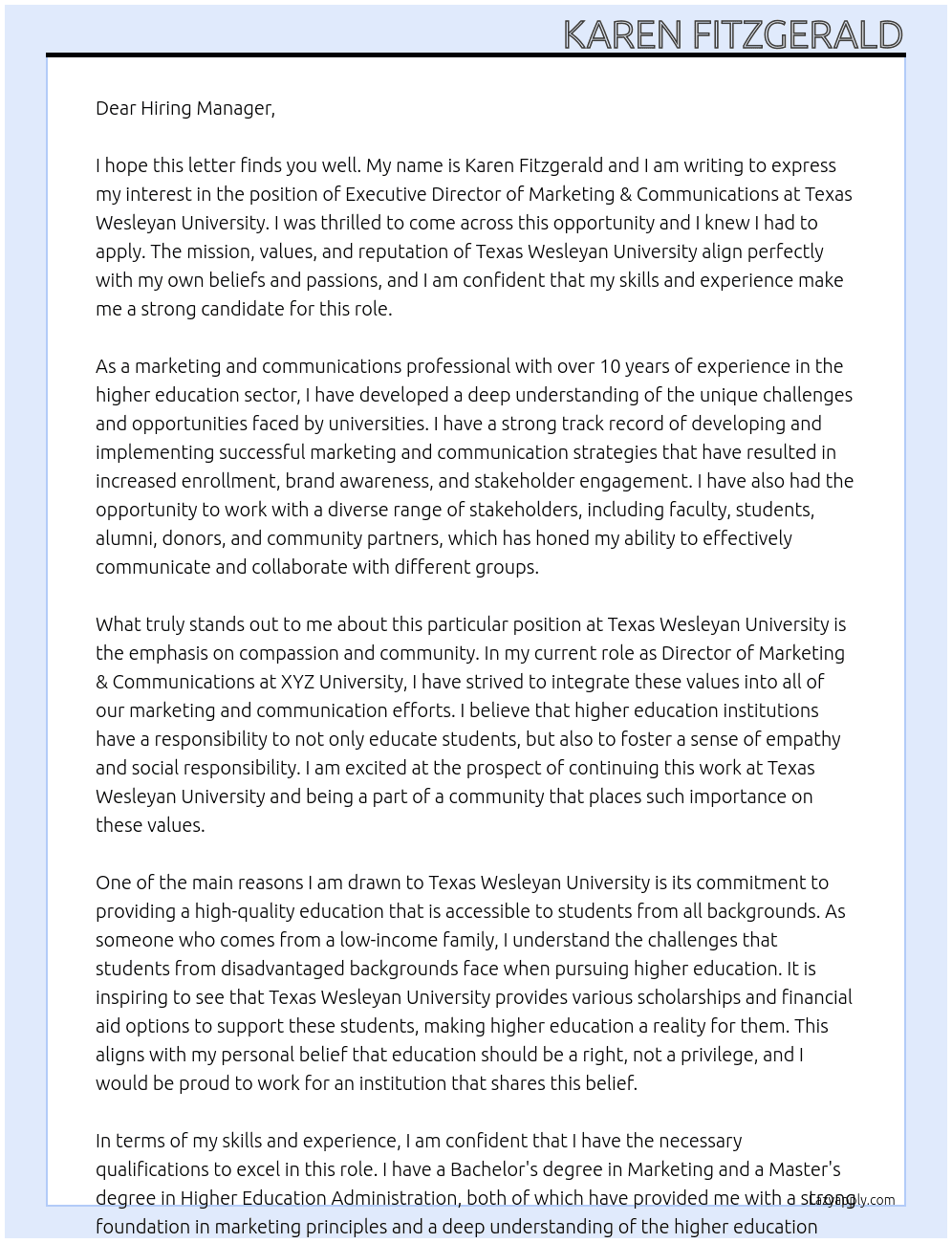 Executive Director Marketing & Communications At Texas Wesleyan University Cover Letter