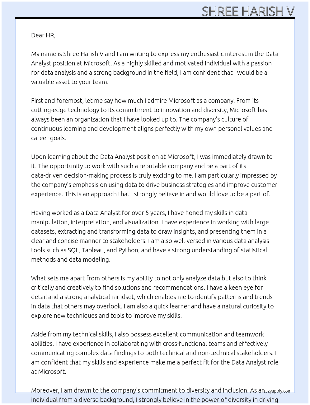 Cover letter for data analsyts - LazyApply