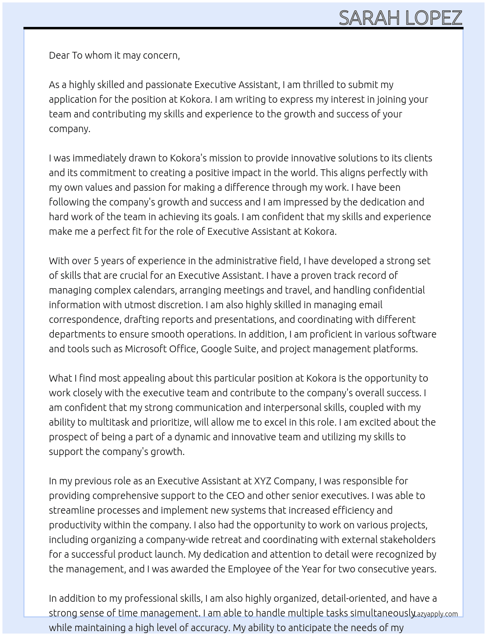 Executive assistant At Kokora Cover Letter