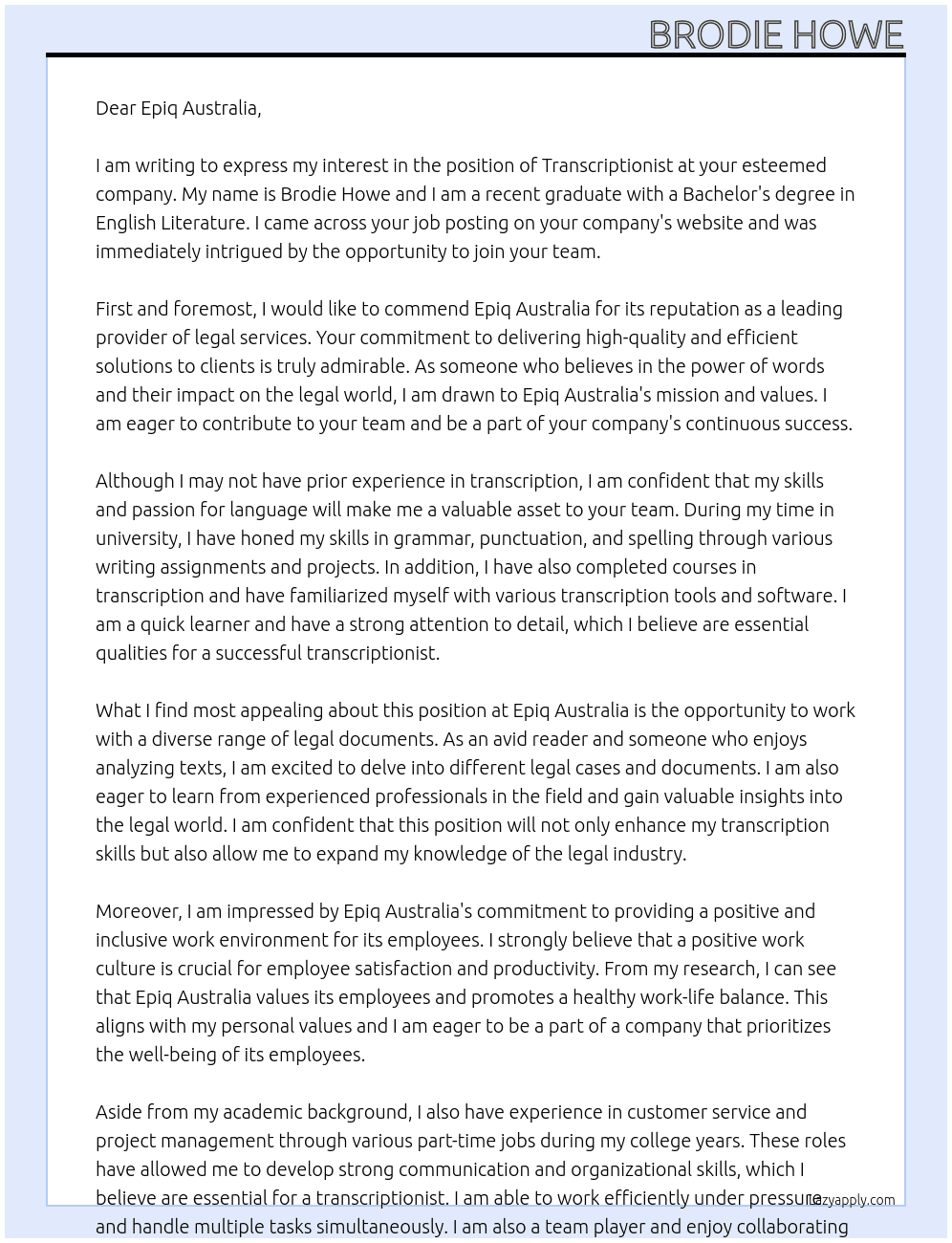 no experience Transcription At Epiq Australia Cover Letter