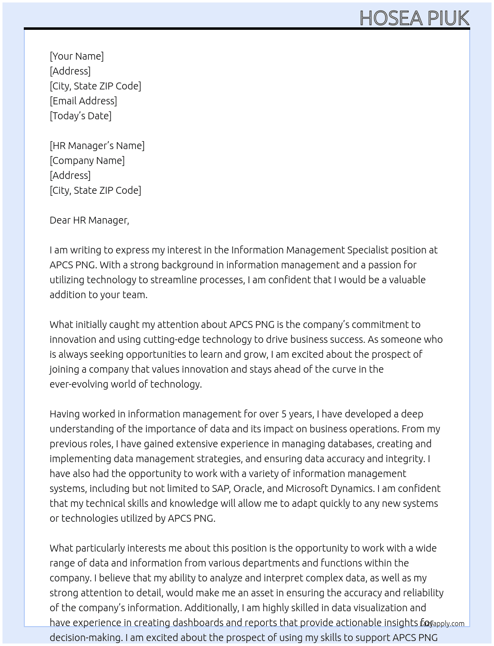 Information Management Specialist  At APCS PNG Cover Letter