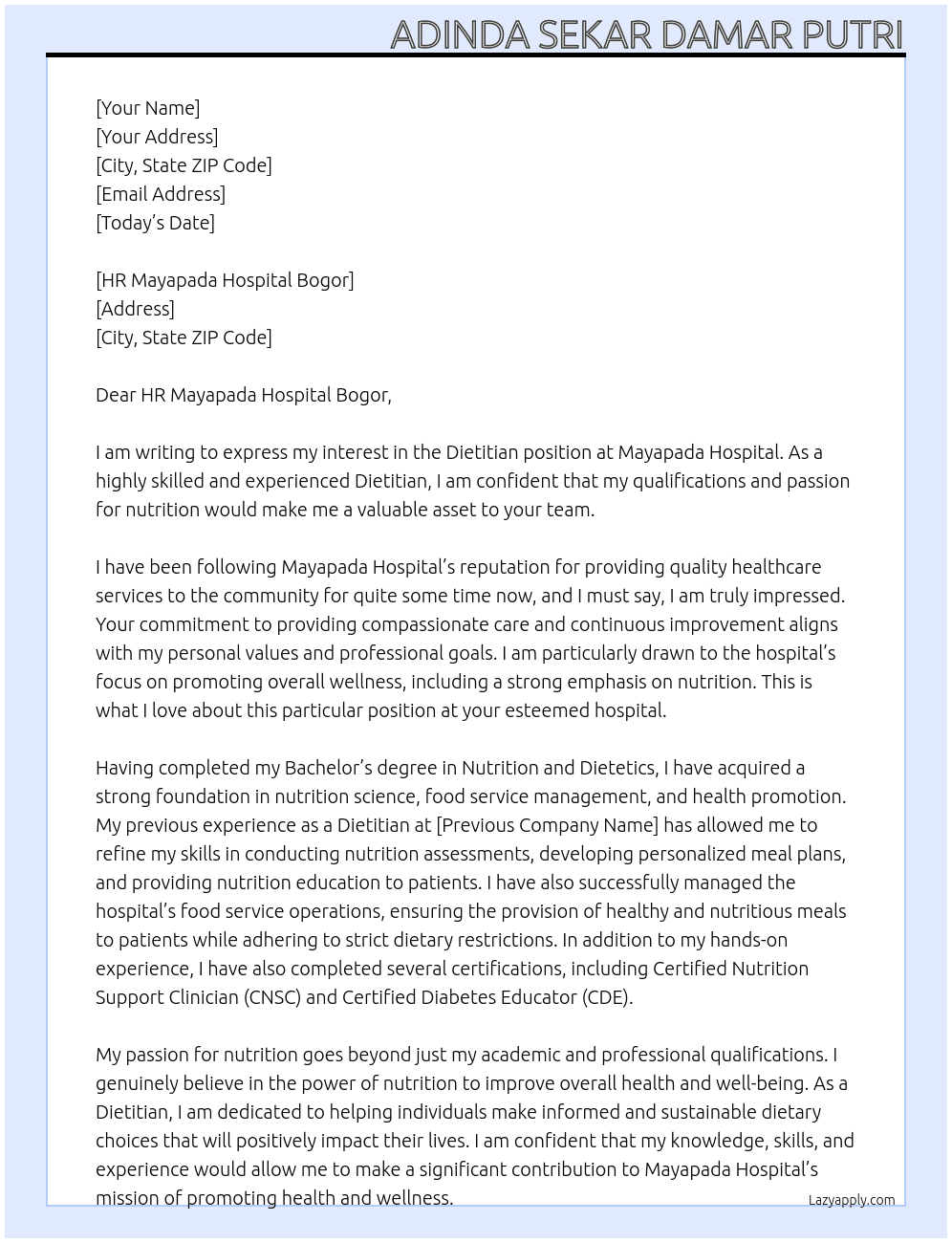 Dietitian At mayapada hospital Cover Letter