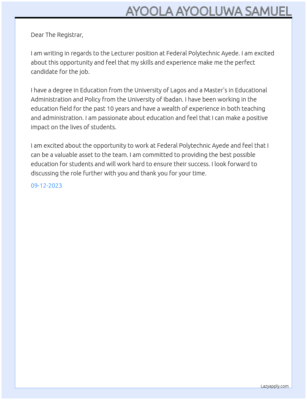 Lecturer At Federal Polytechnic Ayede Cover Letter