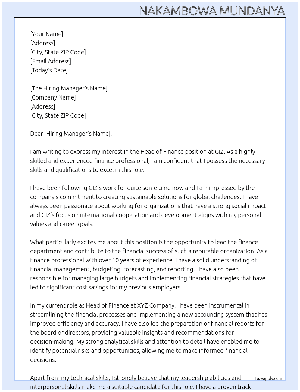Head of Finance  At GIZ Cover Letter