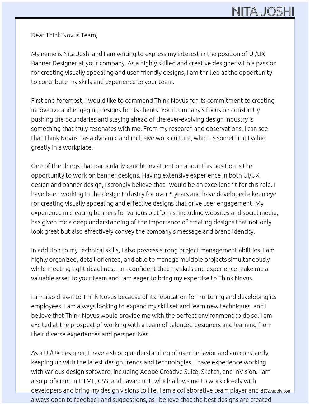 ui ux banne r At think novus Cover Letter