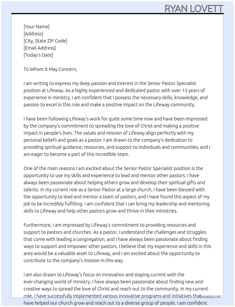 Senior Pastor Specialist At Lifeway Cover Letter