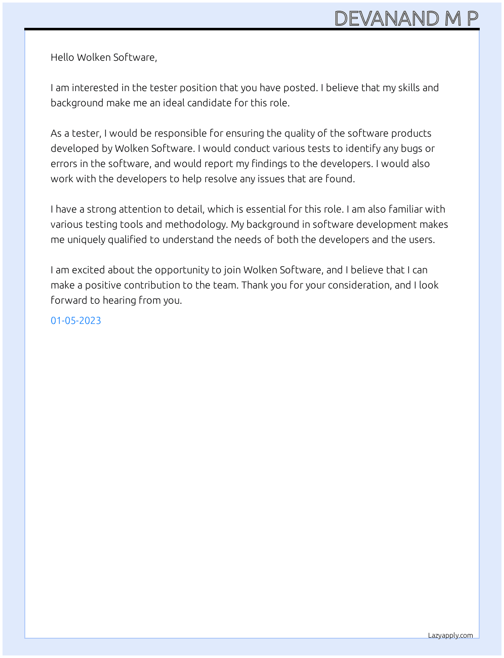 tester At wolken software Cover Letter