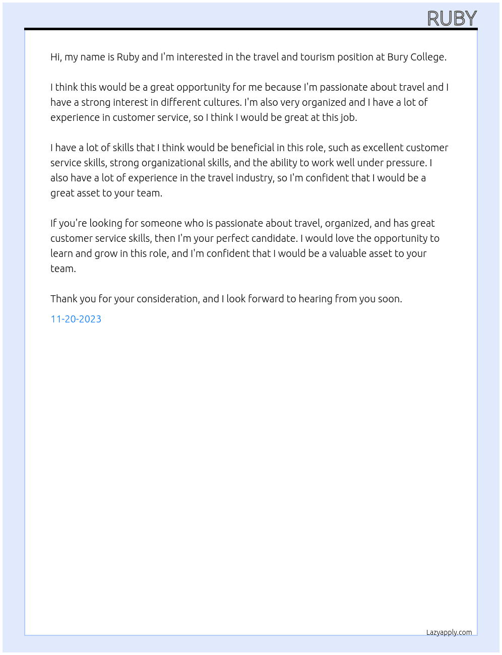 travel and tourism At Bury College Cover Letter