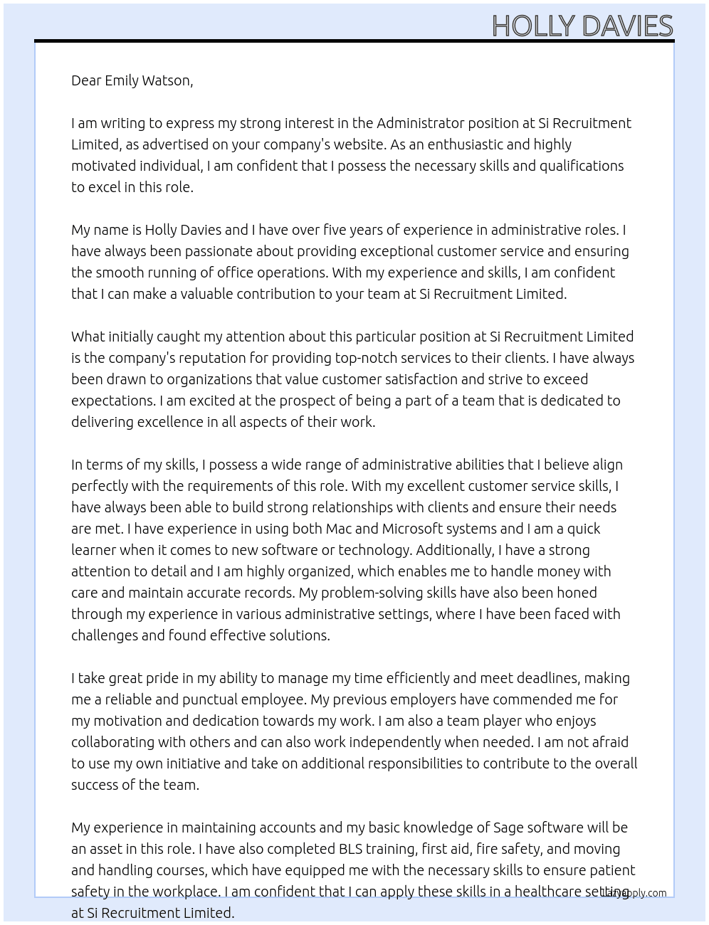 Administrator At Si Recruitment Limited Cover Letter