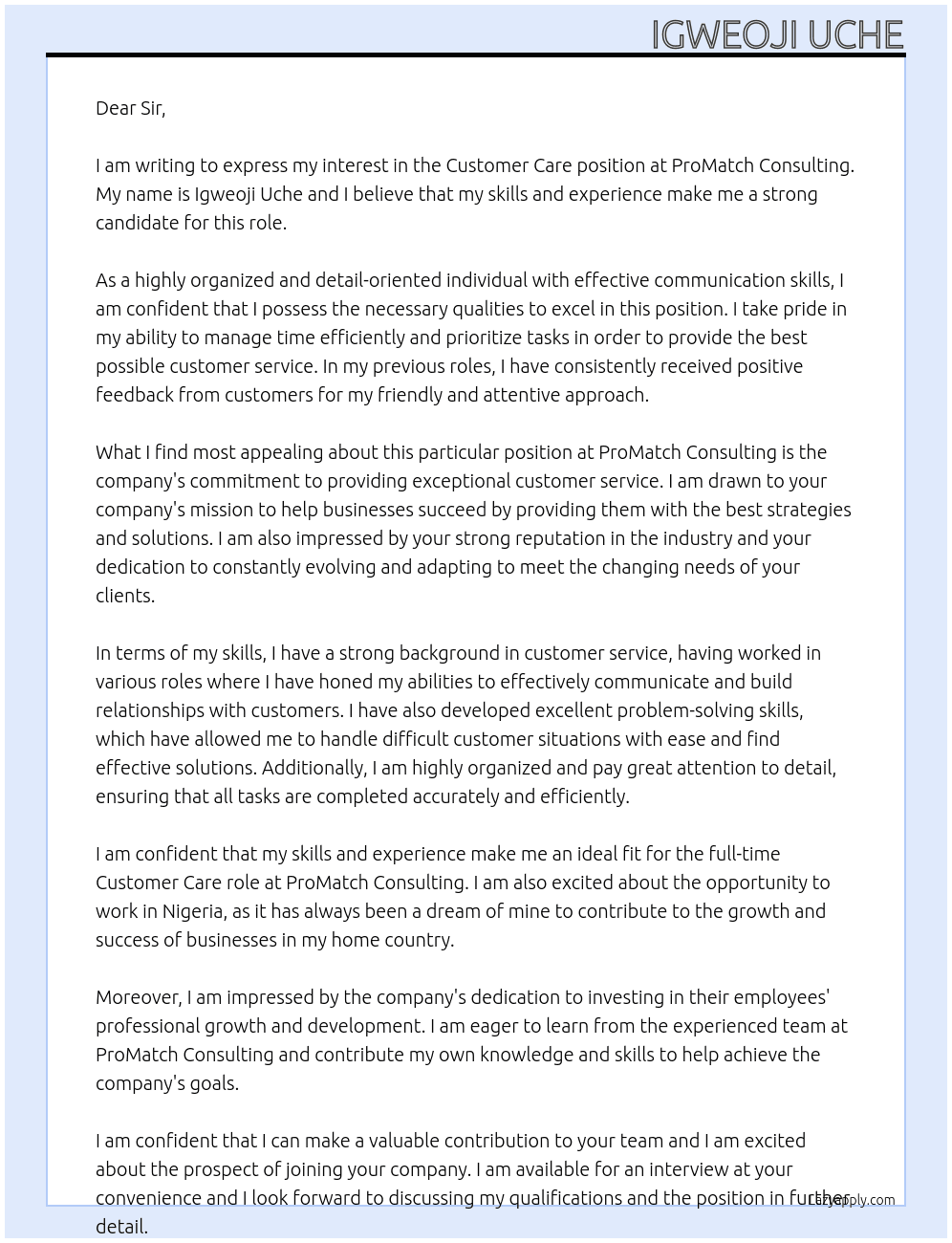 Customer carr At ProMatch Consulting  Cover Letter