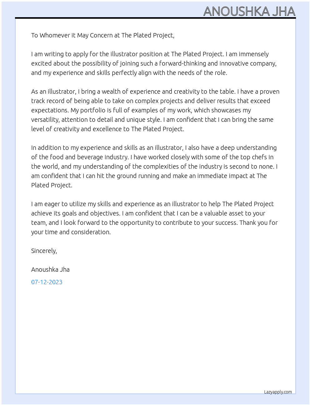 illustrator At The Plated Project Cover Letter