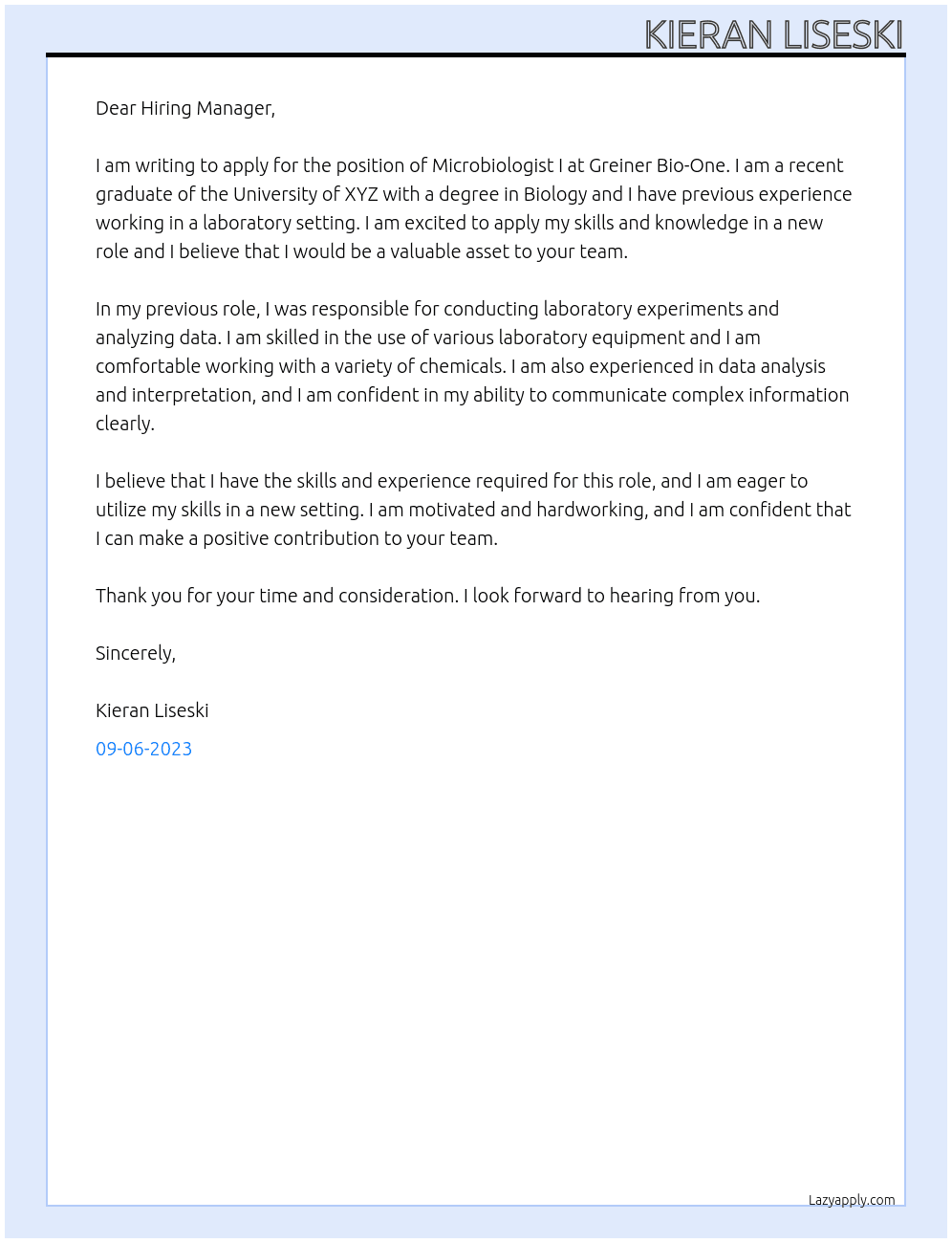 Microbiologist I At Greiner Bio-One Cover Letter