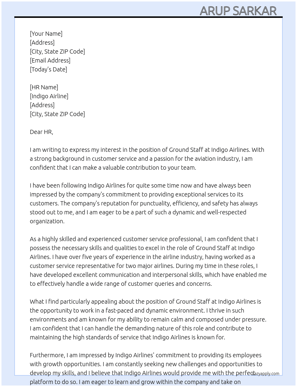 Cover letter for ground staffe - LazyApply