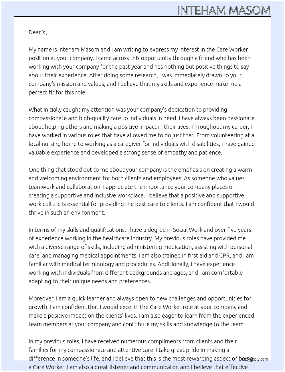 Care Worker At x Cover Letter