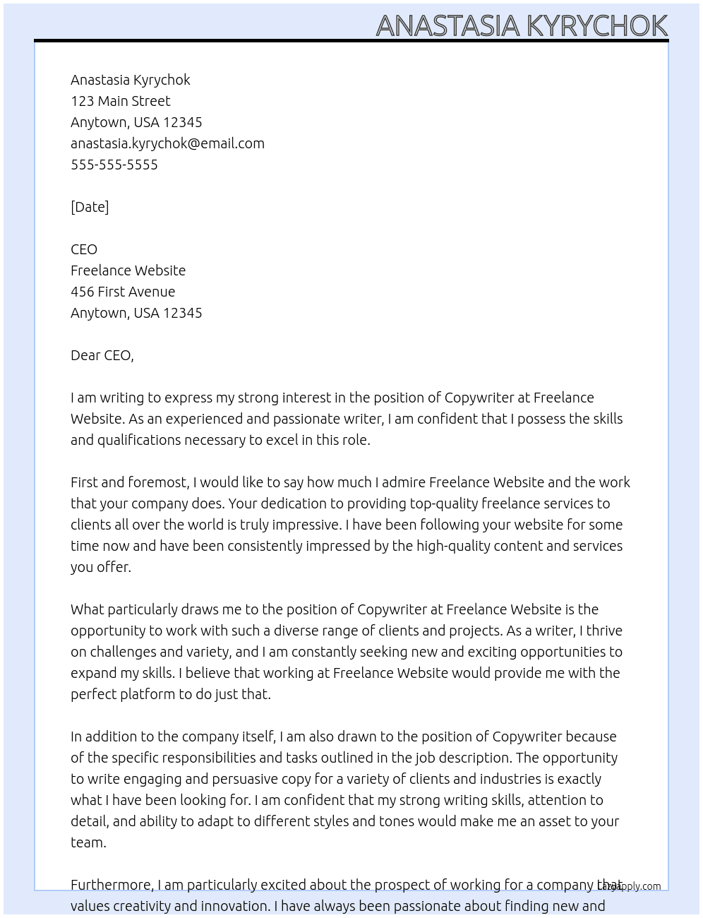 Copywriter  At Freelance website  Cover Letter