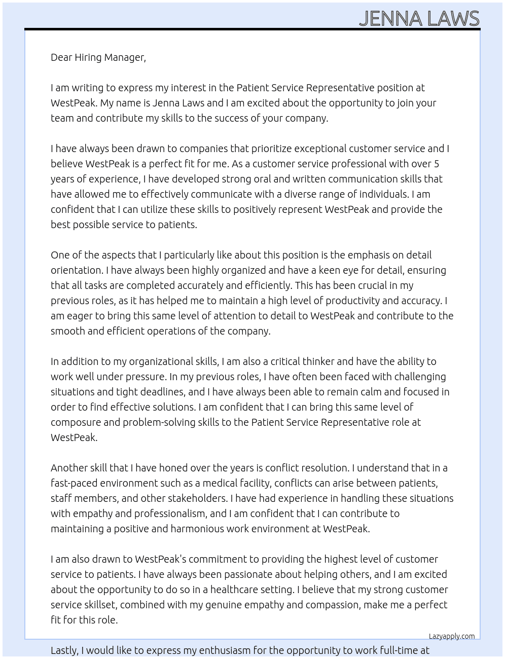Patient Service Representative  At WestPeak Cover Letter