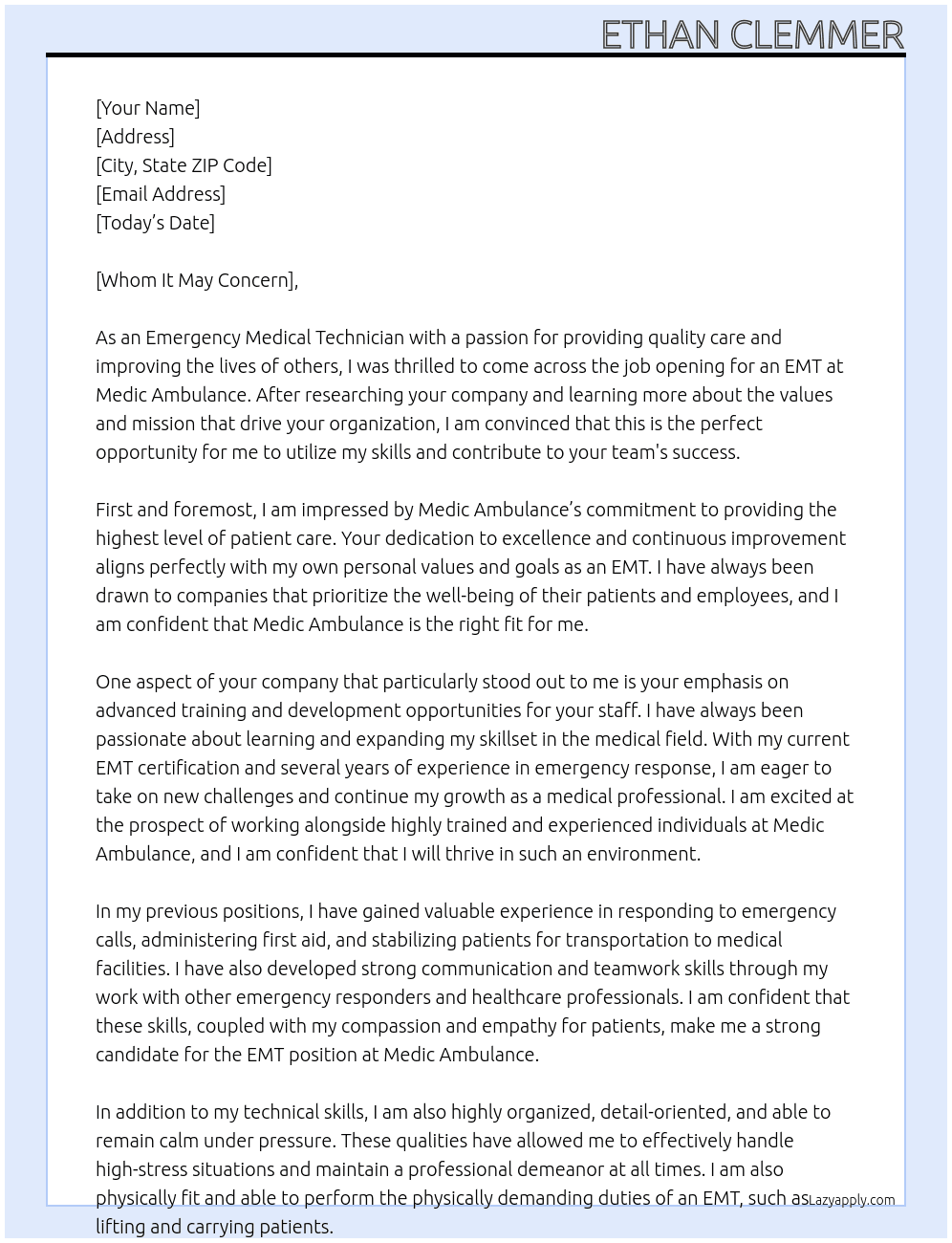 Emergency Medical Technician  At Medic Ambulance Cover Letter