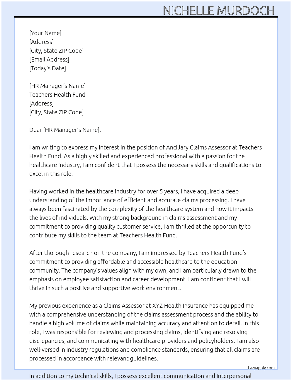 Ancillary Claims Assessor  At Teachers Health Fund Cover Letter