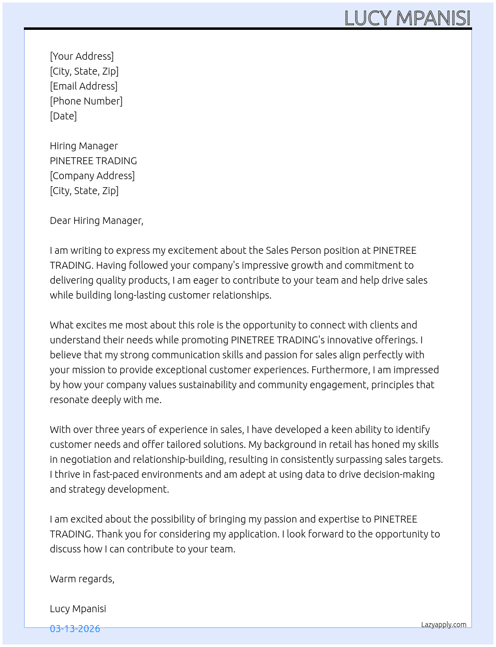 Cover letter for sales person - LazyApply