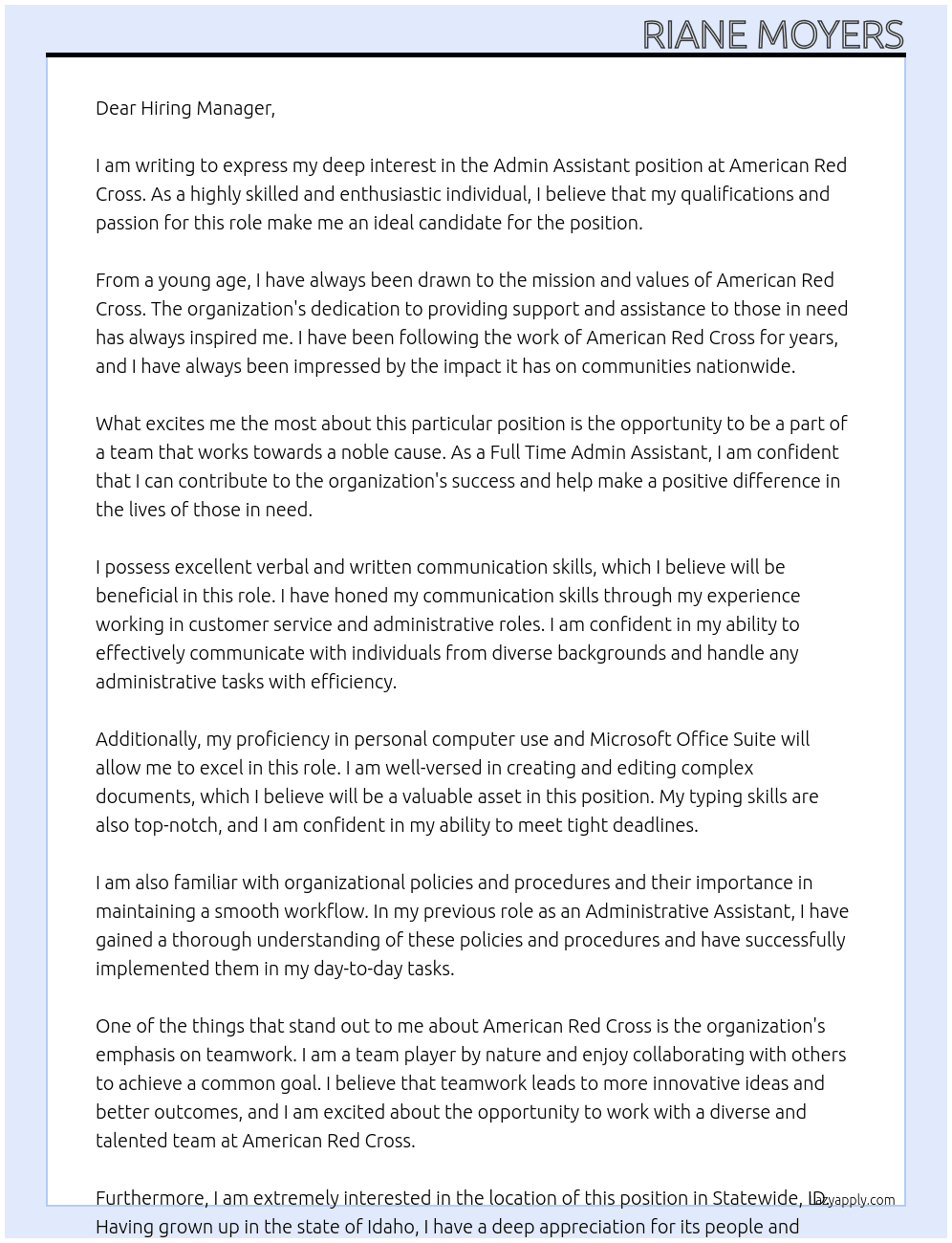 Admin Assistant At American Red Cross Cover Letter