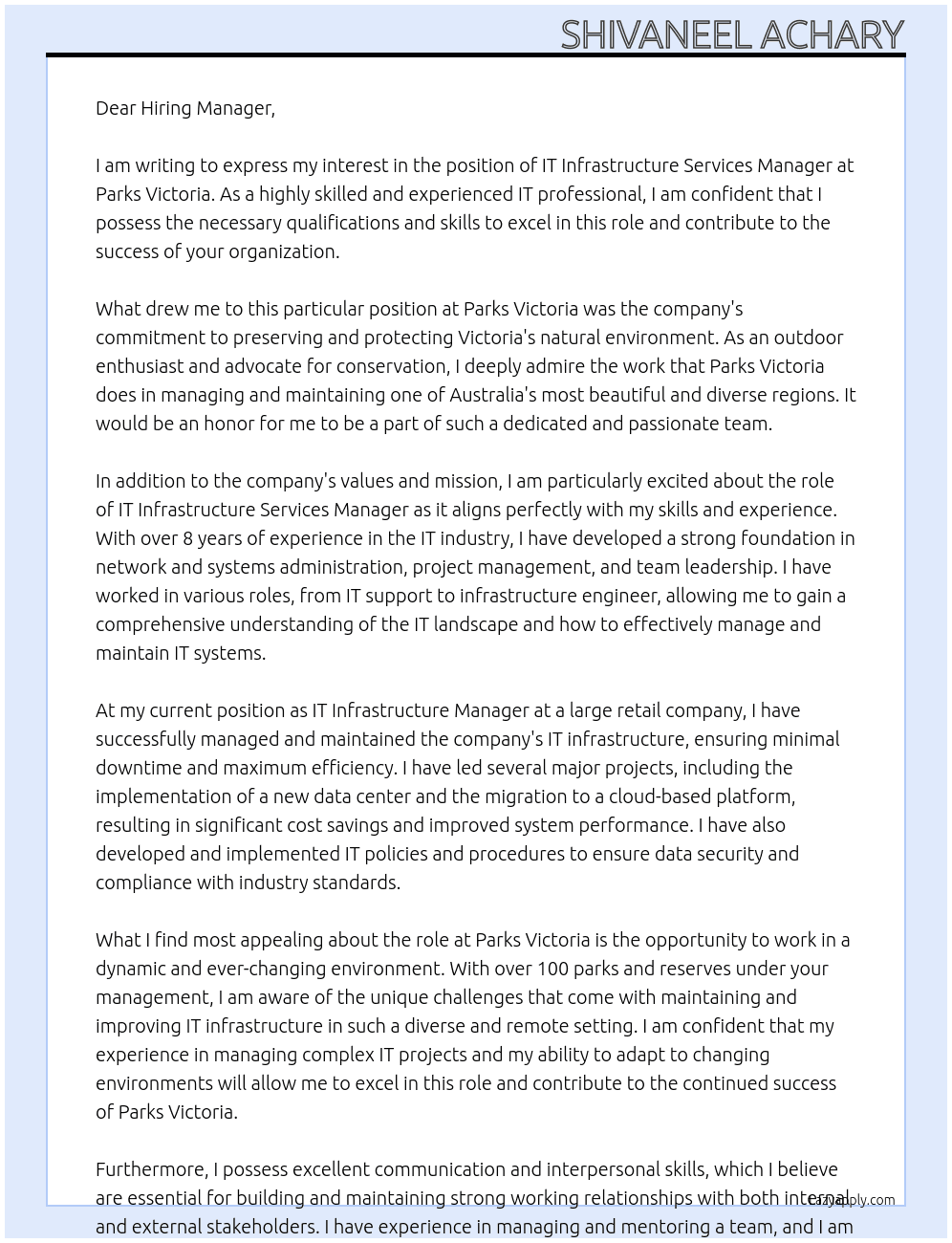 IT Infrastructure Services Manager At Parks Victoria Cover Letter