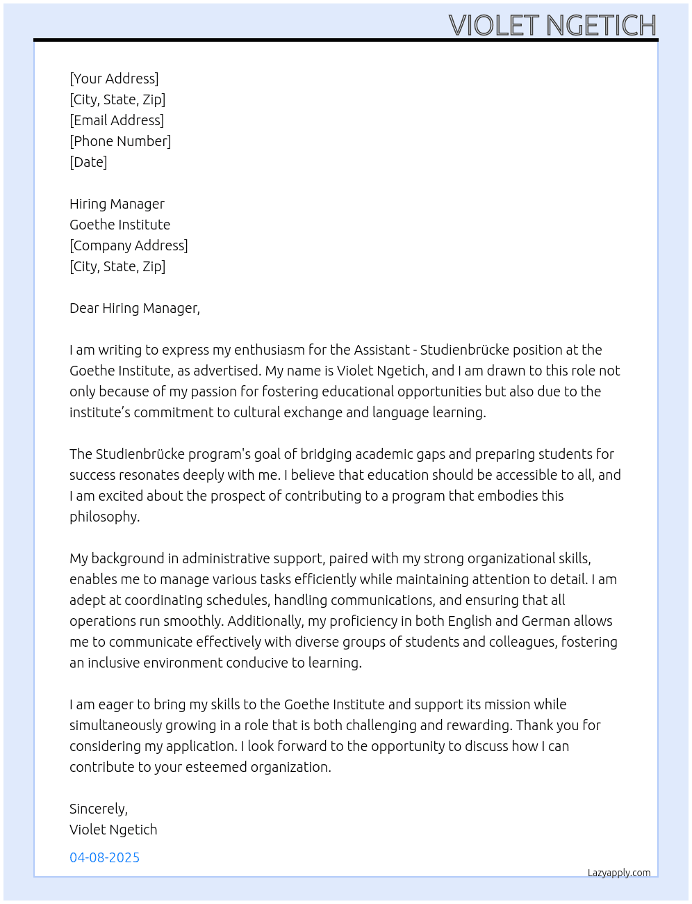 assistant -studienbrucke At goethe institute Cover Letter