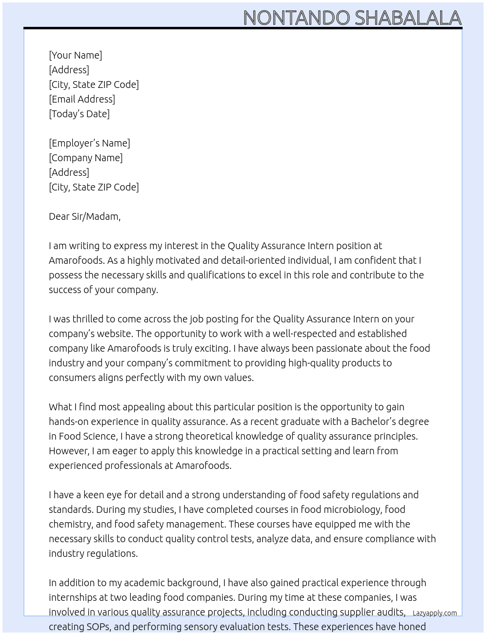 Quality Assurance intern At Amarofoods Cover Letter