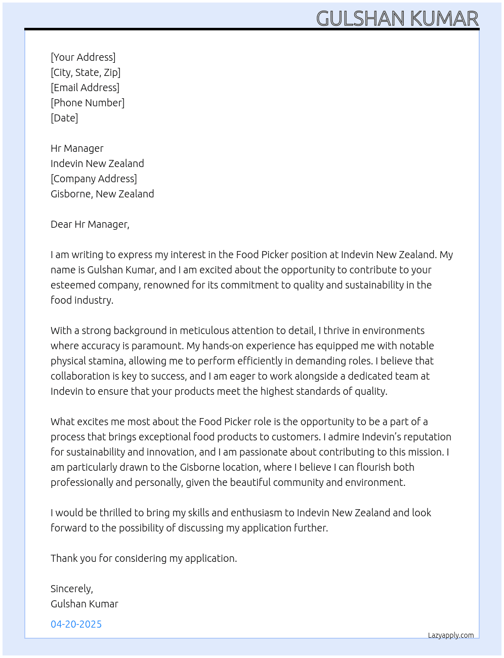 Food picker At Indevin New zealand Cover Letter