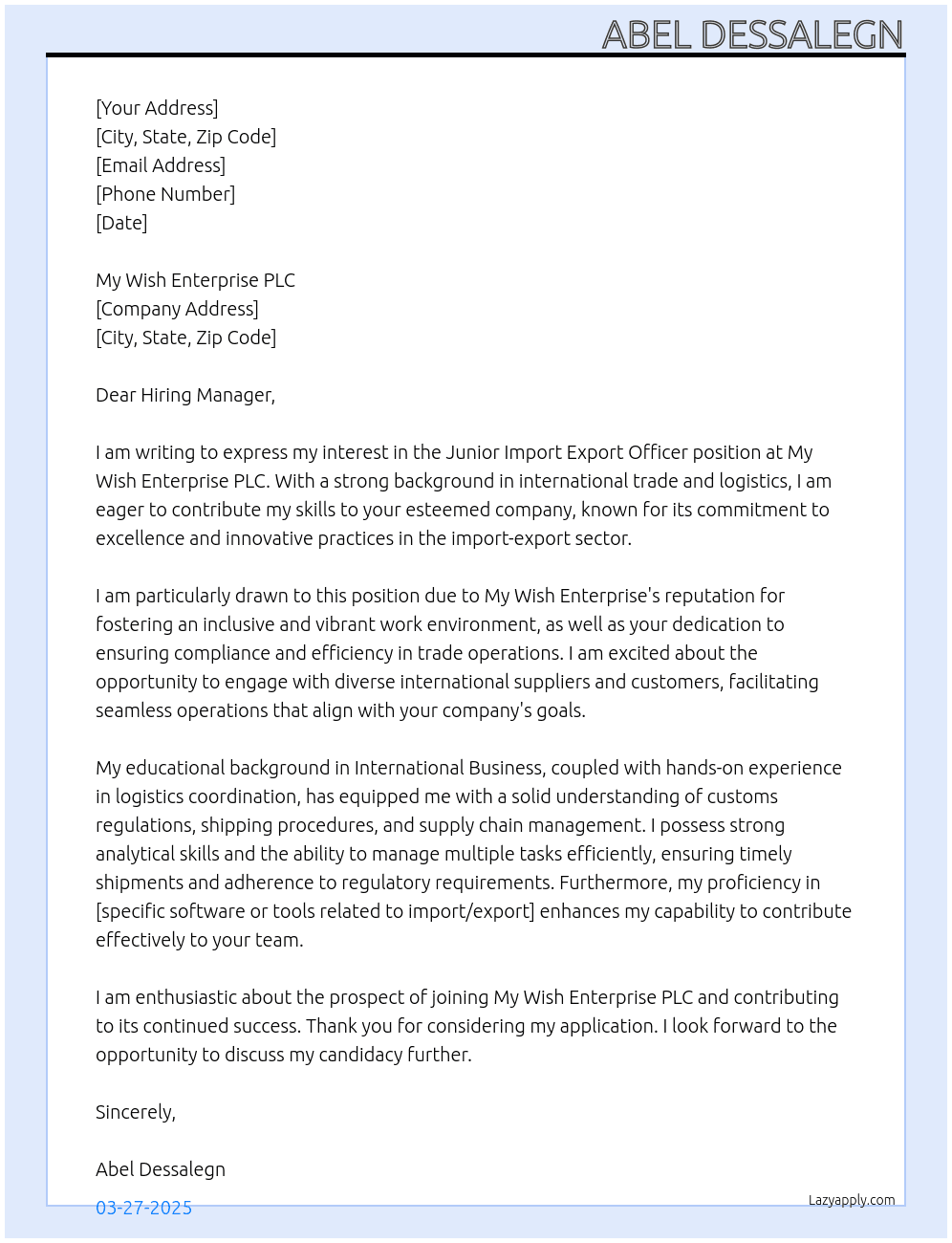 Junior import export officer At My Wish enterprise plc Cover Letter