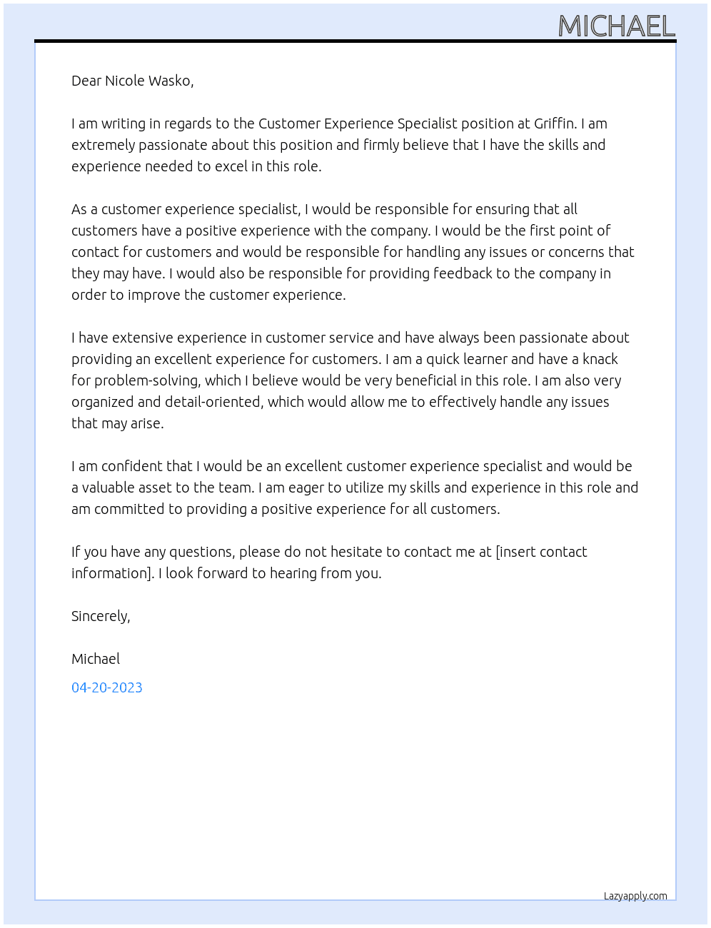 Customer Experience Specialist  At Griffin  Cover Letter
