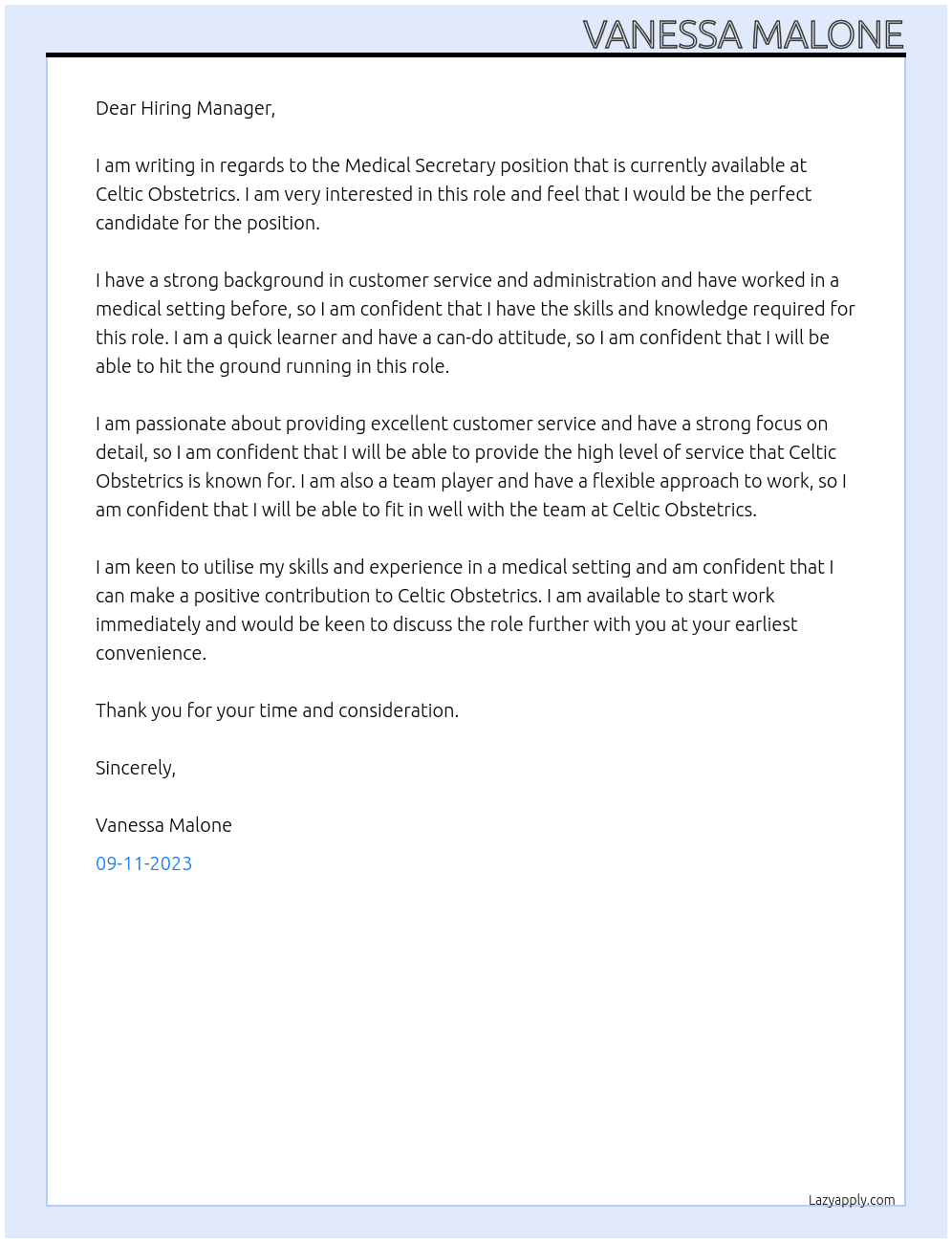 Medical Secretary At Celtic Obstetrics Cover Letter