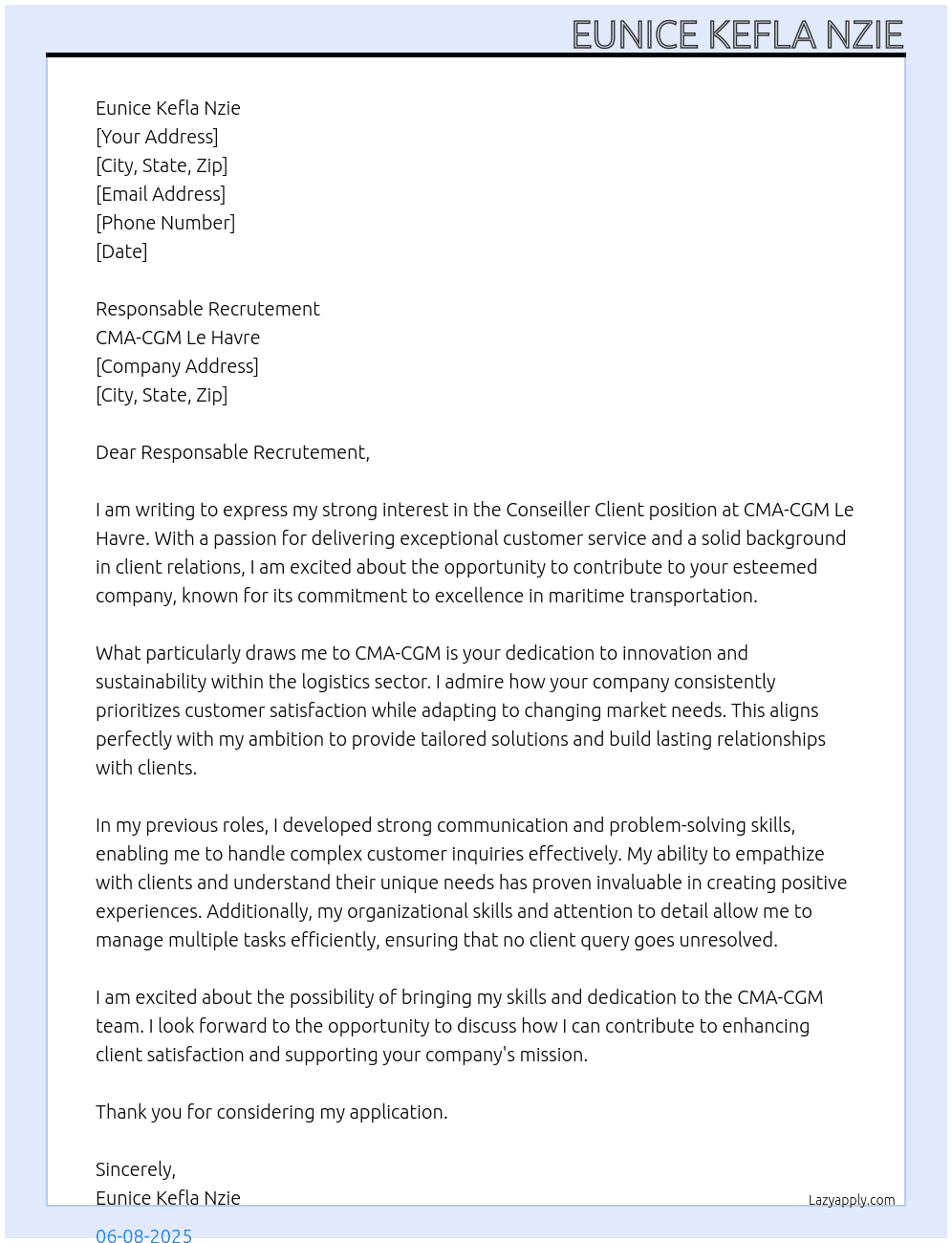 Conseiller client At CMA-CGM Le Havre Cover Letter